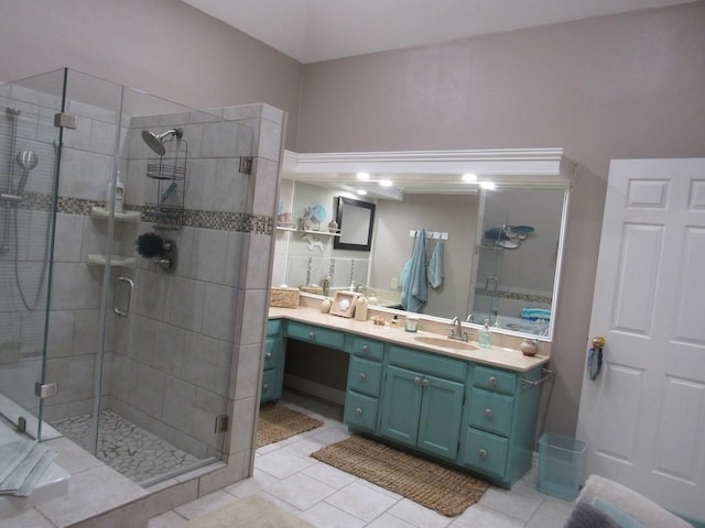 13525 Bullion Ct, Corpus Christi, TX 78418 - bathroom with a stall shower, vanity, and tile patterned floors