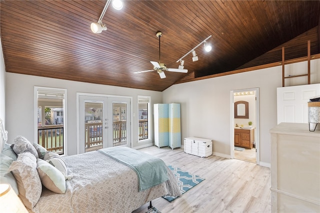 bedroom featuring ceiling fan, french doors, wooden ceiling, access to exterior, and rail lighting