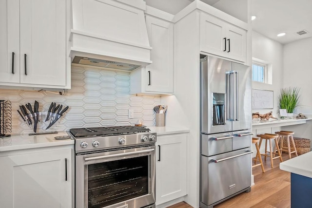 kitchen featuring white cabinets, custom range hood, premium appliances, and tasteful backsplash