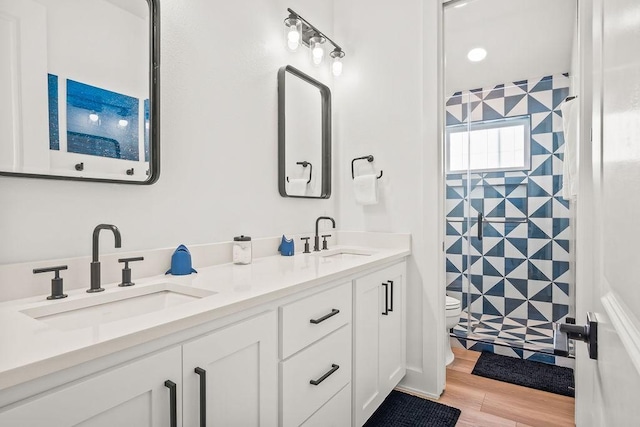 bathroom with vanity, hardwood / wood-style flooring, and toilet