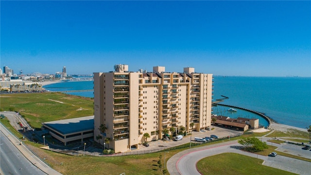 birds eye view of property featuring a water view