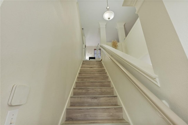 stairs featuring wood finished floors