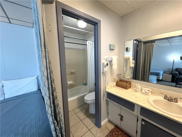 full bathroom featuring toilet, shower / tub combo, tile patterned flooring, and vanity