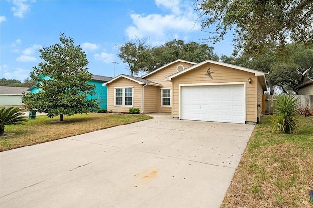 single story home featuring a garage and a front lawn