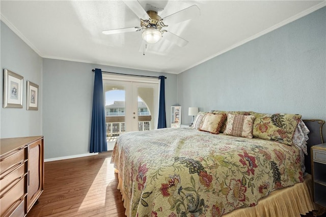 bedroom with ceiling fan, french doors, crown molding, and hardwood / wood-style floors