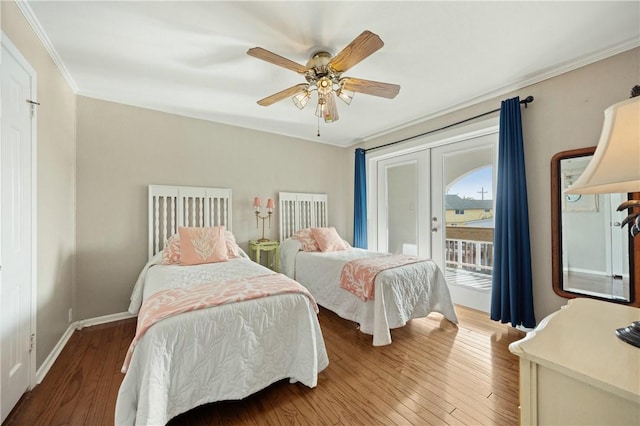 bedroom featuring wood-type flooring, french doors, access to exterior, ornamental molding, and ceiling fan