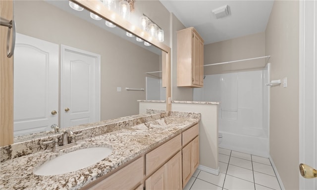 full bathroom with toilet, vanity, shower / bath combination, and tile patterned flooring