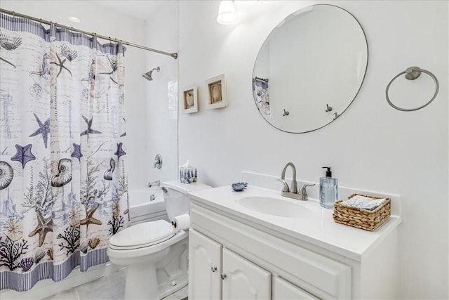 full bath with vanity, shower / bathtub combination with curtain, and toilet