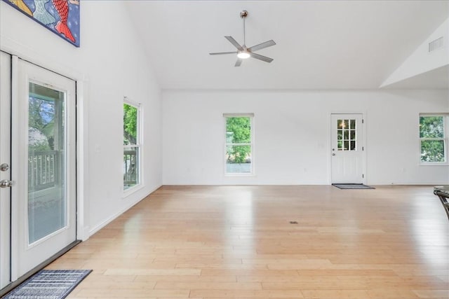 unfurnished living room featuring a ceiling fan, high vaulted ceiling, visible vents, and light wood finished floors