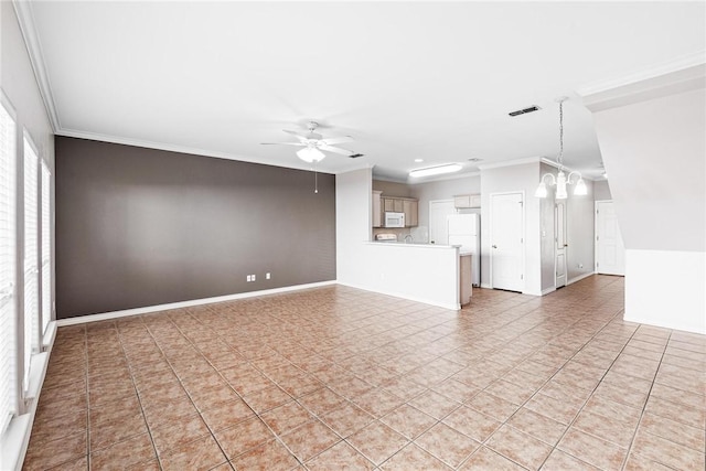 unfurnished living room with visible vents, baseboards, crown molding, and ceiling fan