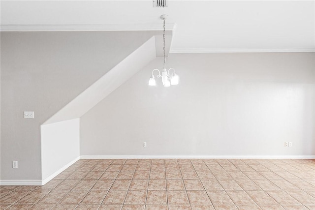 additional living space with light tile patterned floors, visible vents, baseboards, and an inviting chandelier