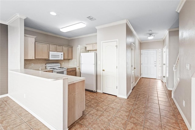 kitchen with white appliances, visible vents, light tile patterned flooring, light countertops, and backsplash