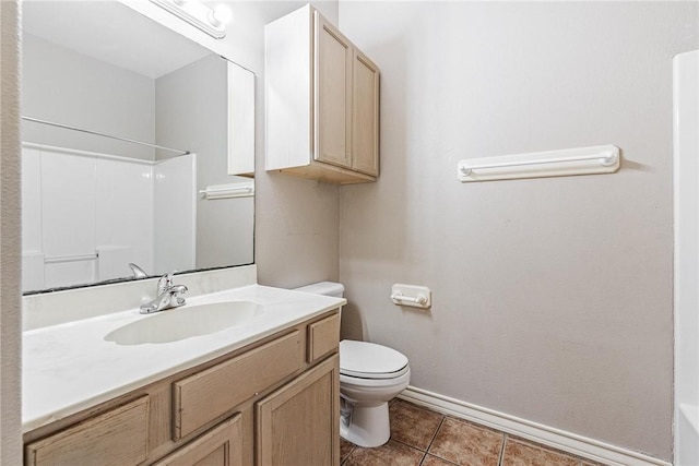 full bathroom with walk in shower, baseboards, toilet, tile patterned floors, and vanity