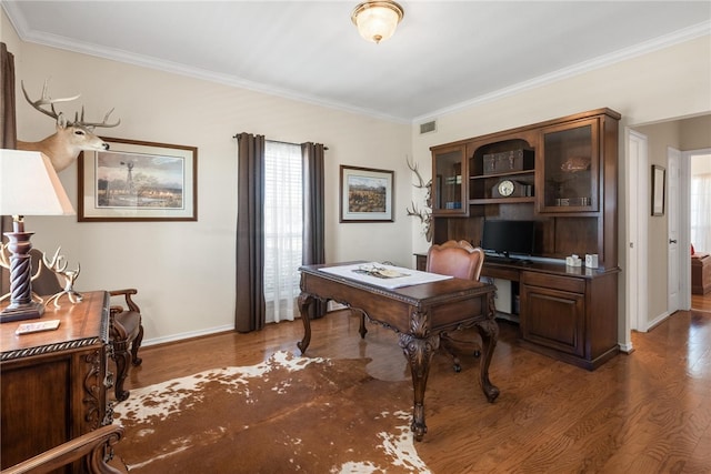 office with dark hardwood / wood-style flooring and ornamental molding