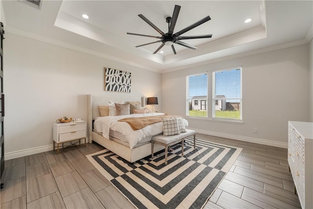 734 Buffalo Creek Dr, Corpus Christi, TX 78415 - bedroom featuring a tray ceiling, crown molding, wood finish floors, recessed lighting, and ceiling fan