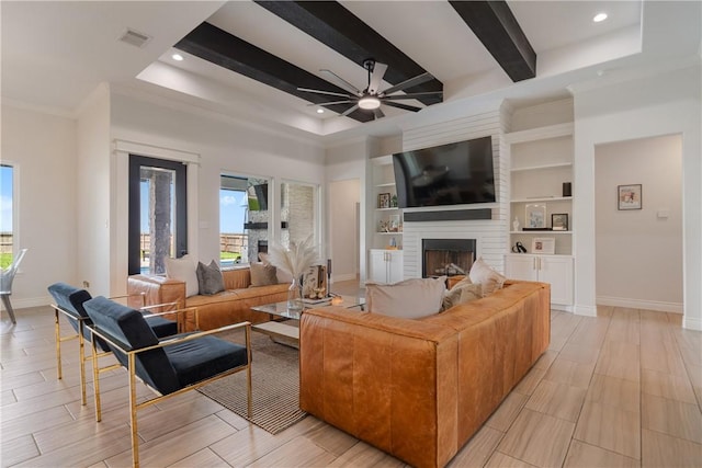 734 Buffalo Creek Dr, Corpus Christi, TX 78415 - living room featuring plenty of natural light, a fireplace, beamed ceiling, recessed lighting, and ornamental molding