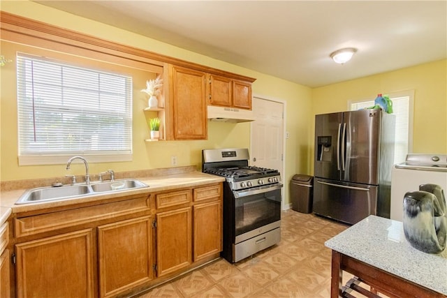 1001 Azalea Dr, Corpus Christi, TX 78408 - kitchen featuring appliances with stainless steel finishes, a sink, under cabinet range hood, light countertops, and brown cabinetry
