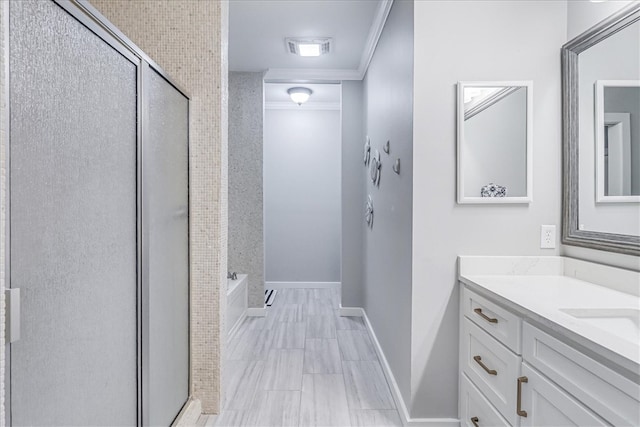 bathroom featuring vanity, plus walk in shower, and ornamental molding