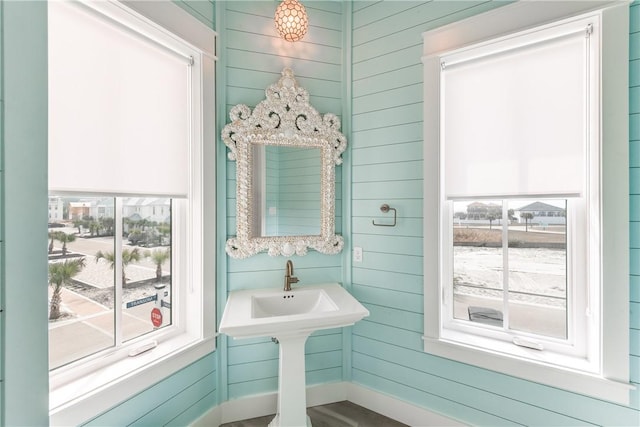 bathroom with wooden walls and a healthy amount of sunlight