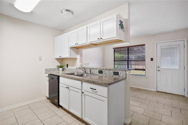 kitchen with dishwasher, white cabinets, and kitchen peninsula