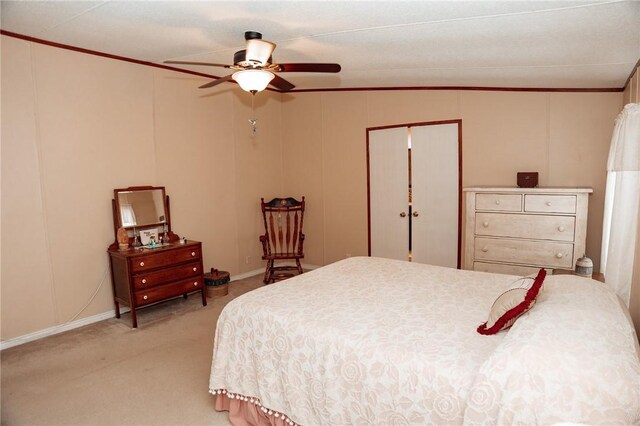 3081 Hackberry Ave, Ingleside, TX 78362 - bedroom with light carpet, ornamental molding, and a ceiling fan