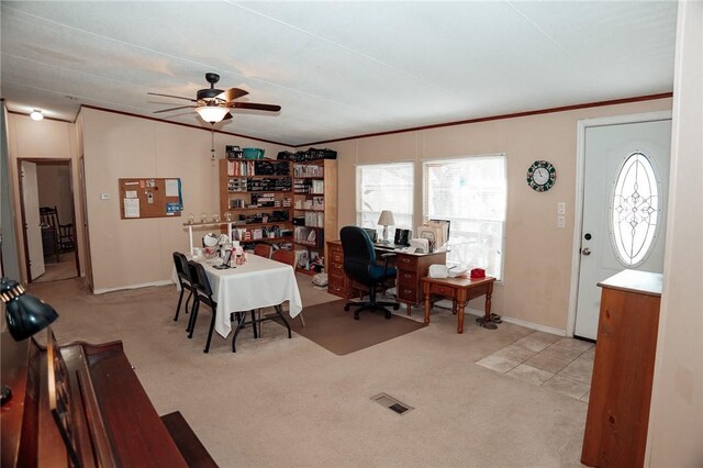 3081 Hackberry Ave, Ingleside, TX 78362 - carpeted office featuring healthy amount of natural light, a ceiling fan, crown molding, and vaulted ceiling