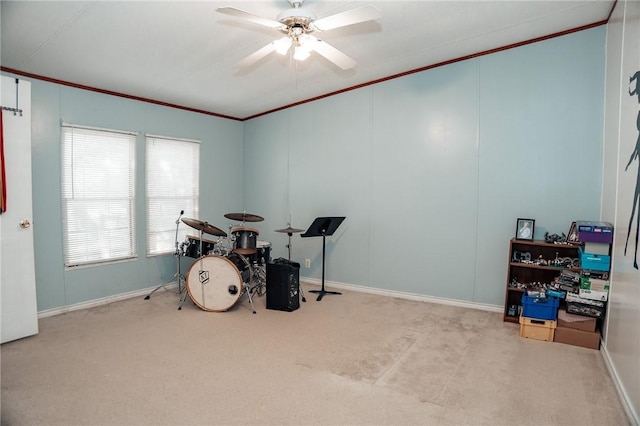 3081 Hackberry Ave, Ingleside, TX 78362 - rec room with crown molding, carpet flooring, and ceiling fan