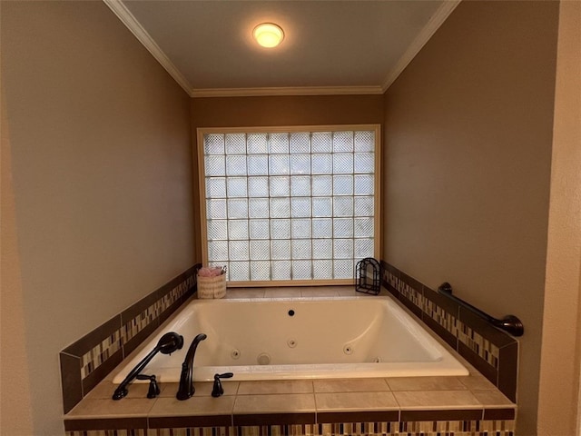 bathroom featuring a relaxing tiled tub and crown molding