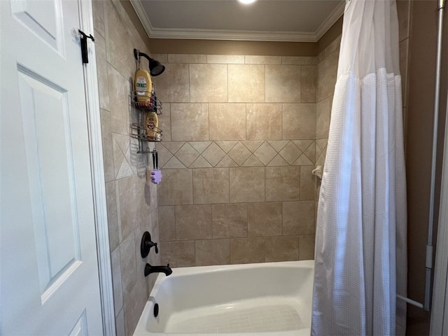 bathroom featuring shower / bath combo and ornamental molding