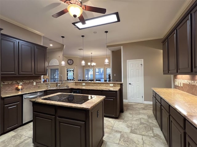 kitchen with tasteful backsplash, sink, stainless steel dishwasher, kitchen peninsula, and black electric cooktop