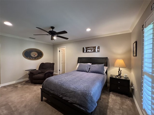 bedroom featuring ceiling fan, crown molding, and dark carpet