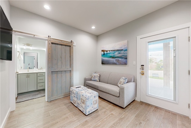 living room featuring light hardwood / wood-style flooring and a barn door