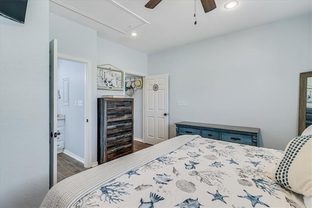 67 Augusta Cir, Aransas Pass, TX 78336 - bedroom featuring attic access, dark wood finished floors, recessed lighting, and ceiling fan