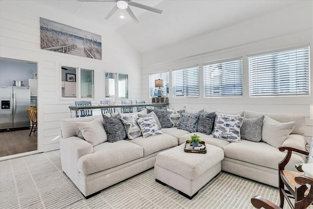 67 Augusta Cir, Aransas Pass, TX 78336 - living room with a ceiling fan and high vaulted ceiling