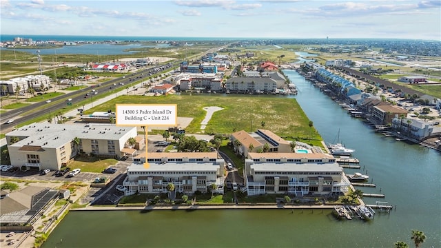 aerial view featuring a water view