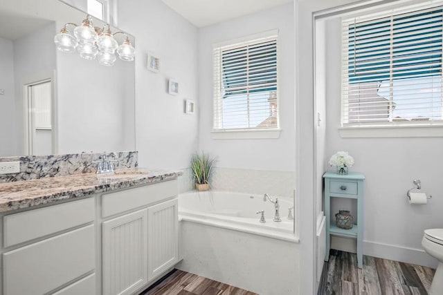 bathroom with a tub, toilet, vanity, and wood-type flooring