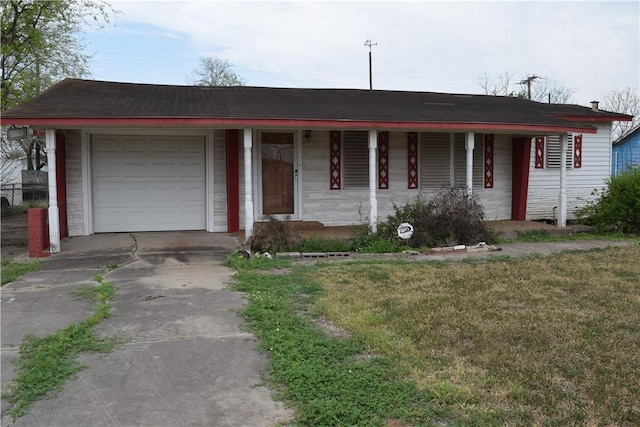 single story home with a garage, a porch, concrete driveway, and a front lawn