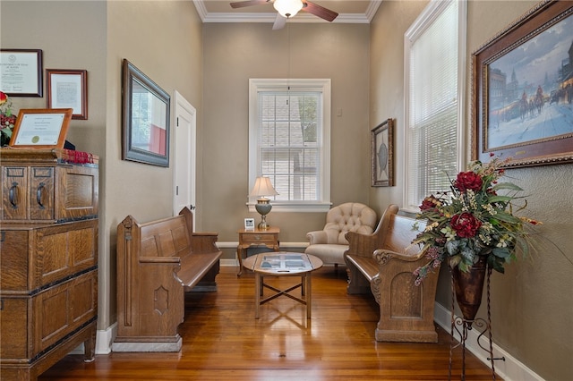 sitting room featuring ceiling fan, hardwood / wood-style floors, and ornamental molding