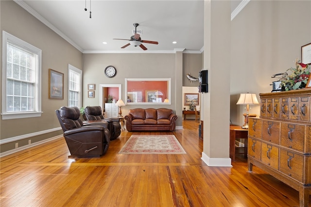 living room with wood-type flooring and crown molding