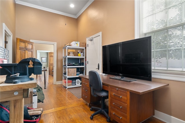 office space with crown molding and light hardwood / wood-style floors