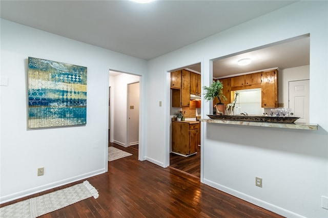 kitchen with kitchen peninsula and dark wood-type flooring