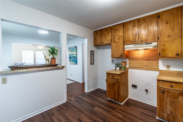 kitchen featuring dark wood-type flooring and ceiling fan