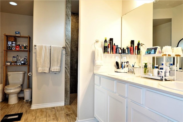 bathroom featuring a shower, vanity, and toilet