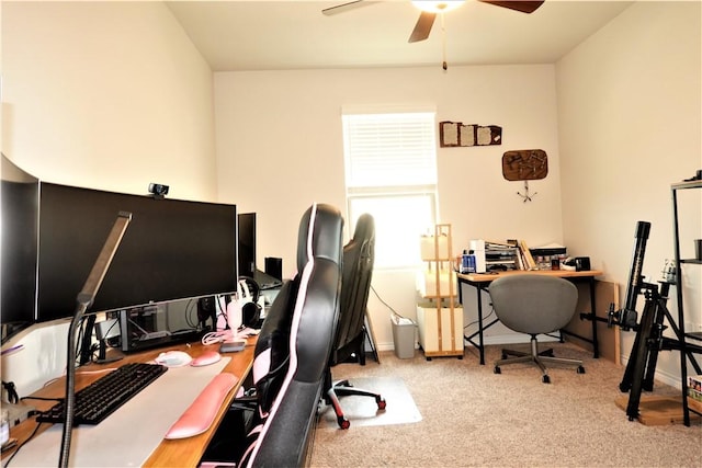 home office featuring carpet floors and ceiling fan