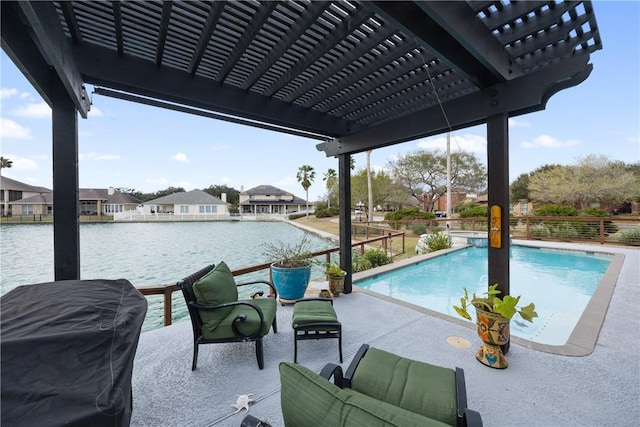 view of pool featuring a water view, a residential view, a fenced in pool, a pergola, and a patio area