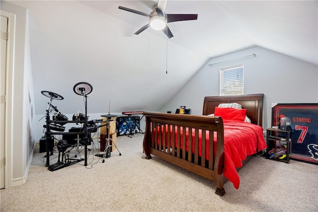 bedroom with a ceiling fan and lofted ceiling