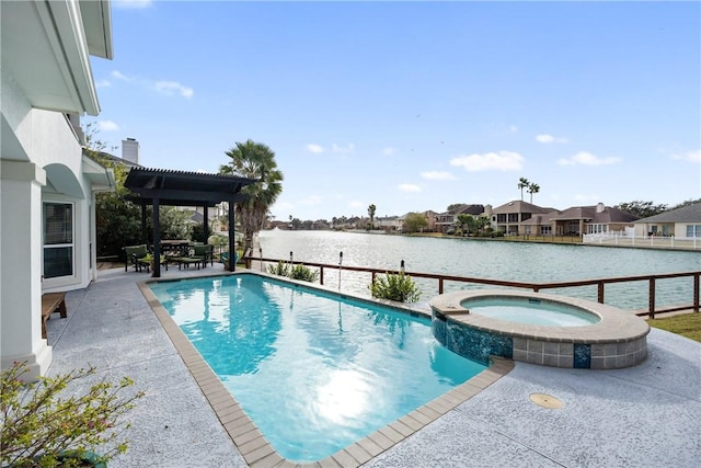 view of pool with a patio, a water view, a pool with connected hot tub, and a pergola