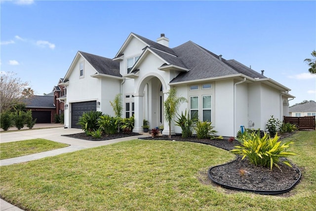 view of front facade with concrete driveway, a chimney, an attached garage, a front lawn, and stucco siding