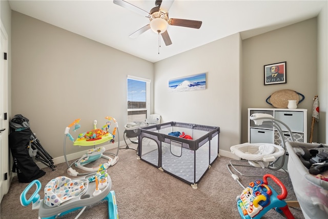 rec room with ceiling fan, carpet flooring, and baseboards