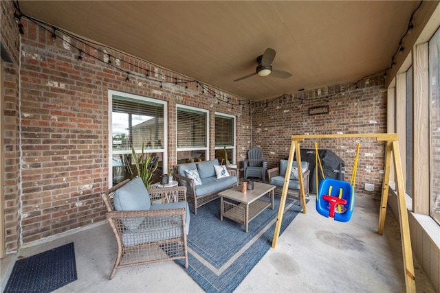 view of patio with a ceiling fan and an outdoor hangout area